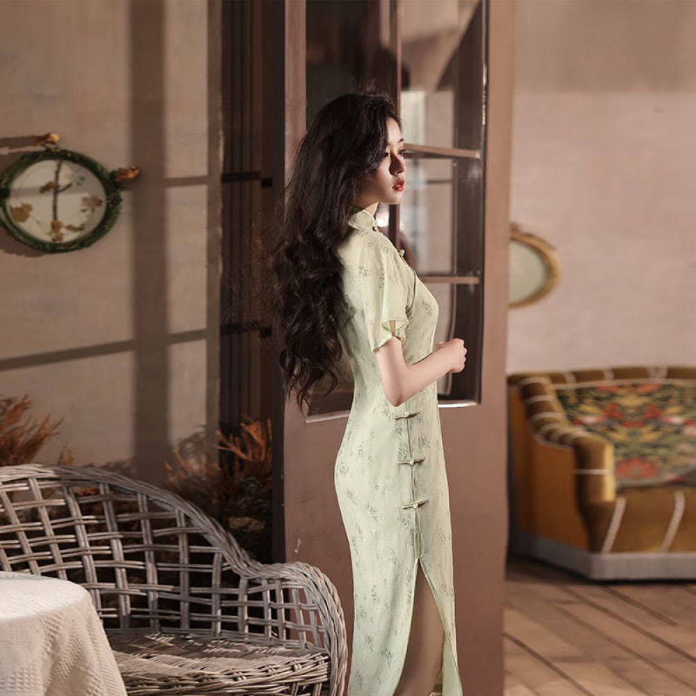 Cheongsam pour Femmes,Imiter La Robe Cheongsam en Satin Rétro Décontracté Manches Courtes Lâche Robe Midi Mince Fleur Verte Robe De Cocktail Qipao Jacquard Robe De Soirée Moulante pour Les Femm