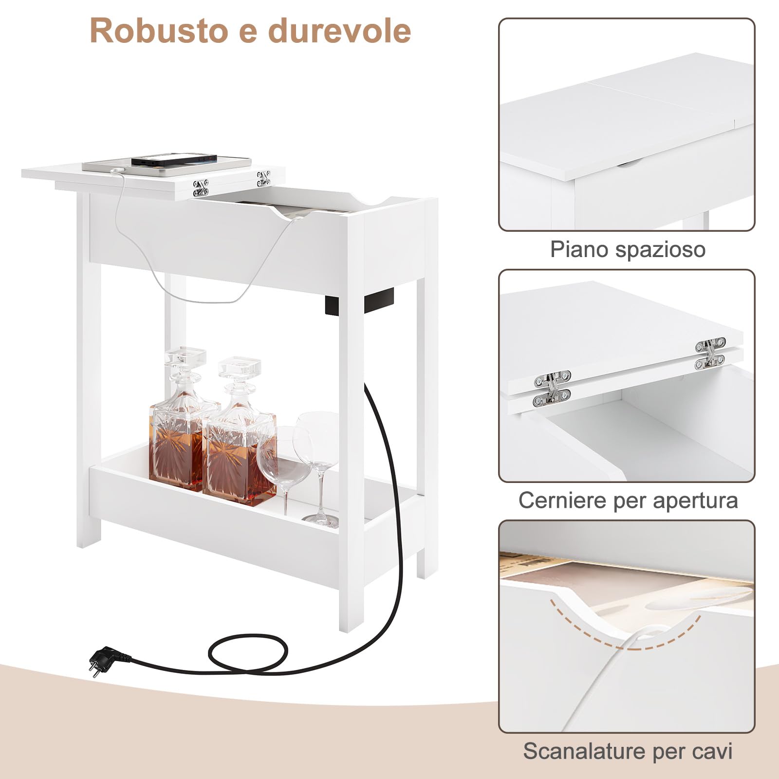 EUGAD Tavolino da Salotto con Stazione di Ricarica, Tavolino a 3 Ripiani, Piano Pieghevole, 2 Porte USB e 2 Prese a 2 Fori, per Camera da Letto, Soggiorno, Cucina, MDF, Bianco