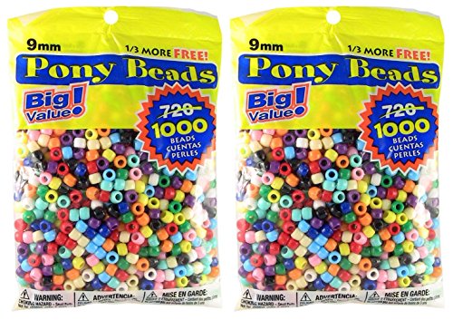 Pony Beads Multi Color 9mm 1000 ct Per Bag, 2-Pack