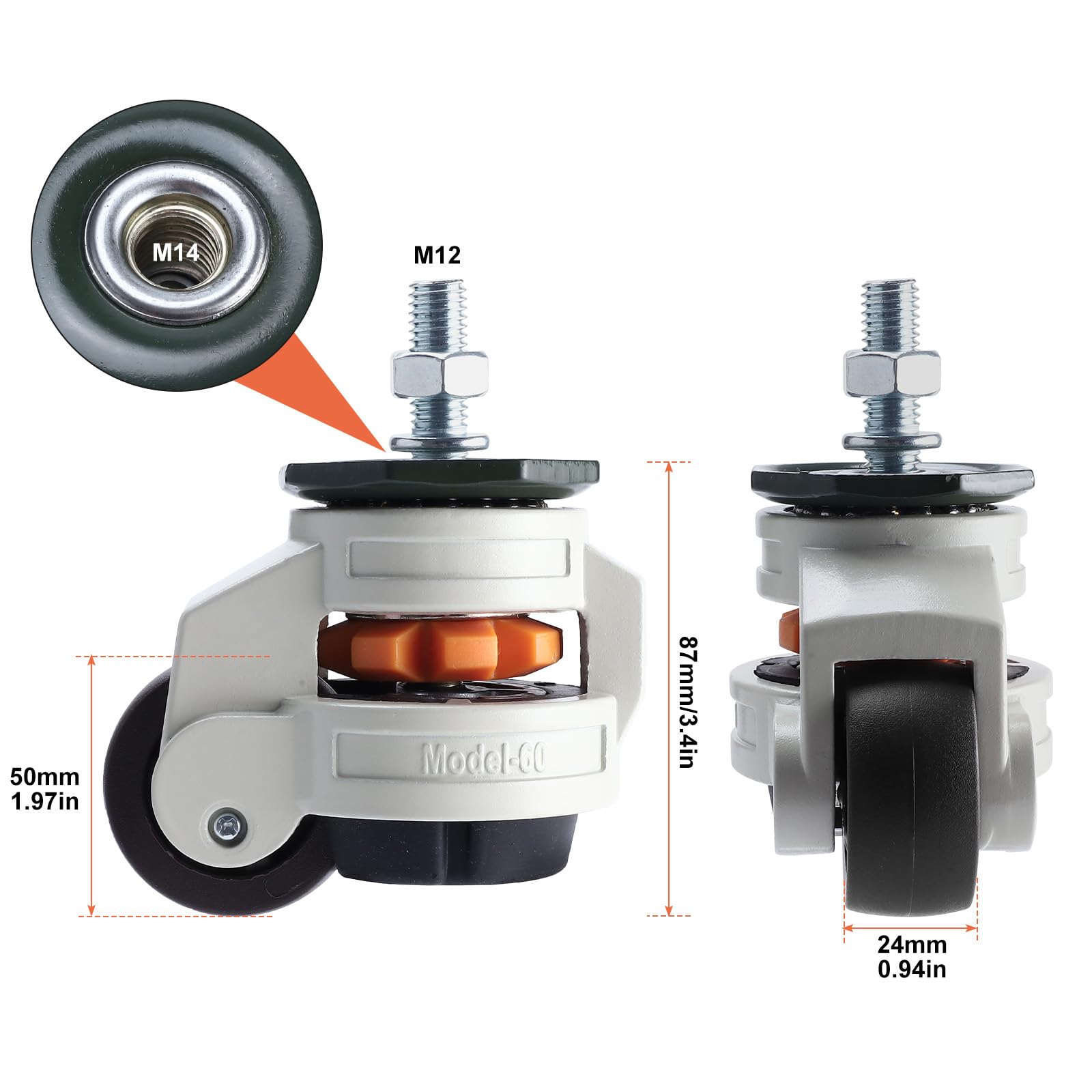 Homtone Set di 4 ruote girevoli per carichi pesanti, 50 mm, 1000 kg, per mobili industriali | Ruote per carichi pesanti a 360° per banco da lavoro e macchine, regolabili in altezza, robuste ruote per trasporto e esterni
