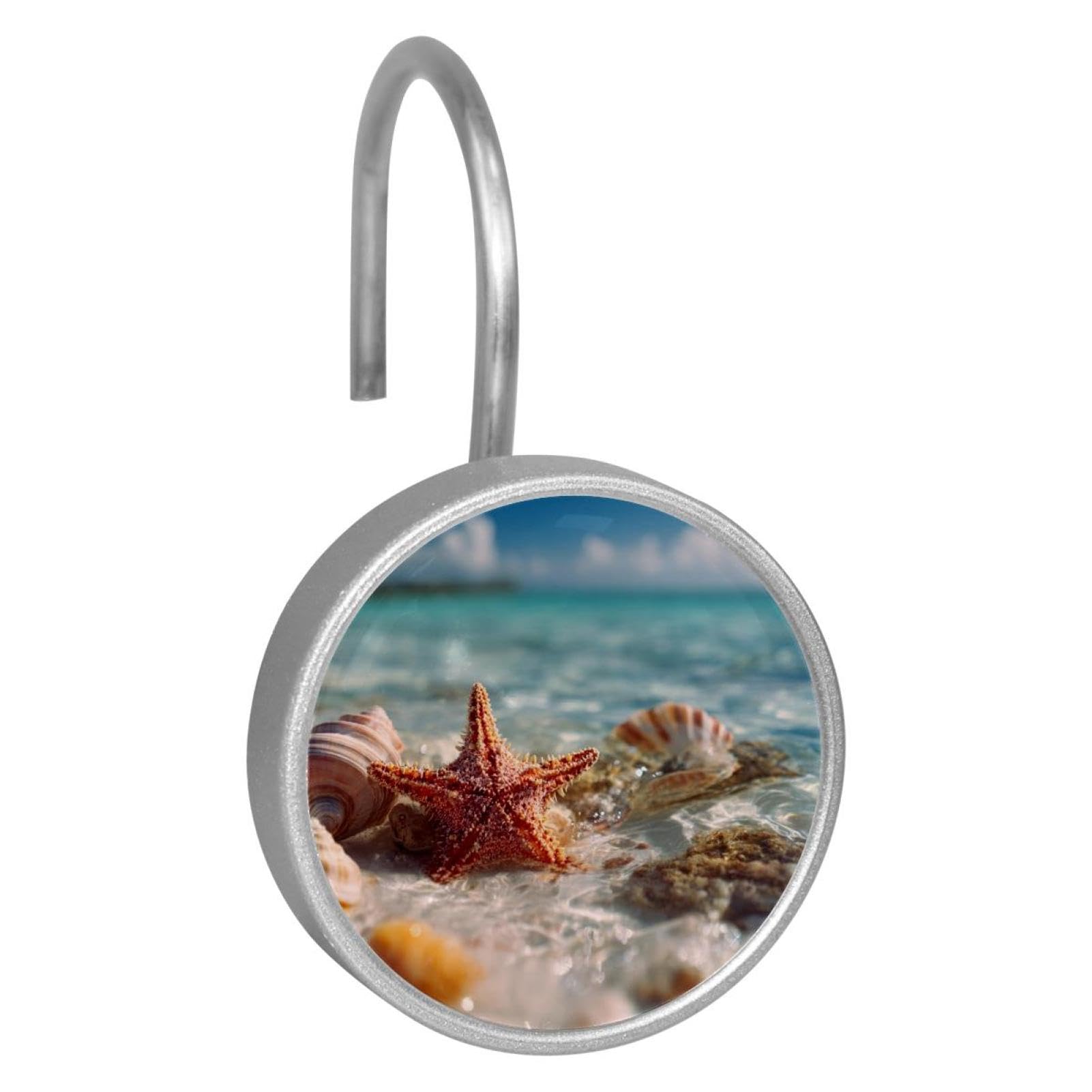 Beach Starfish Shells Decorative Shower Curtain Hooks Rings,Set of 12pcs Shower Curtain Hooks,Rustproof Decorative Shower Rings for Bathroom