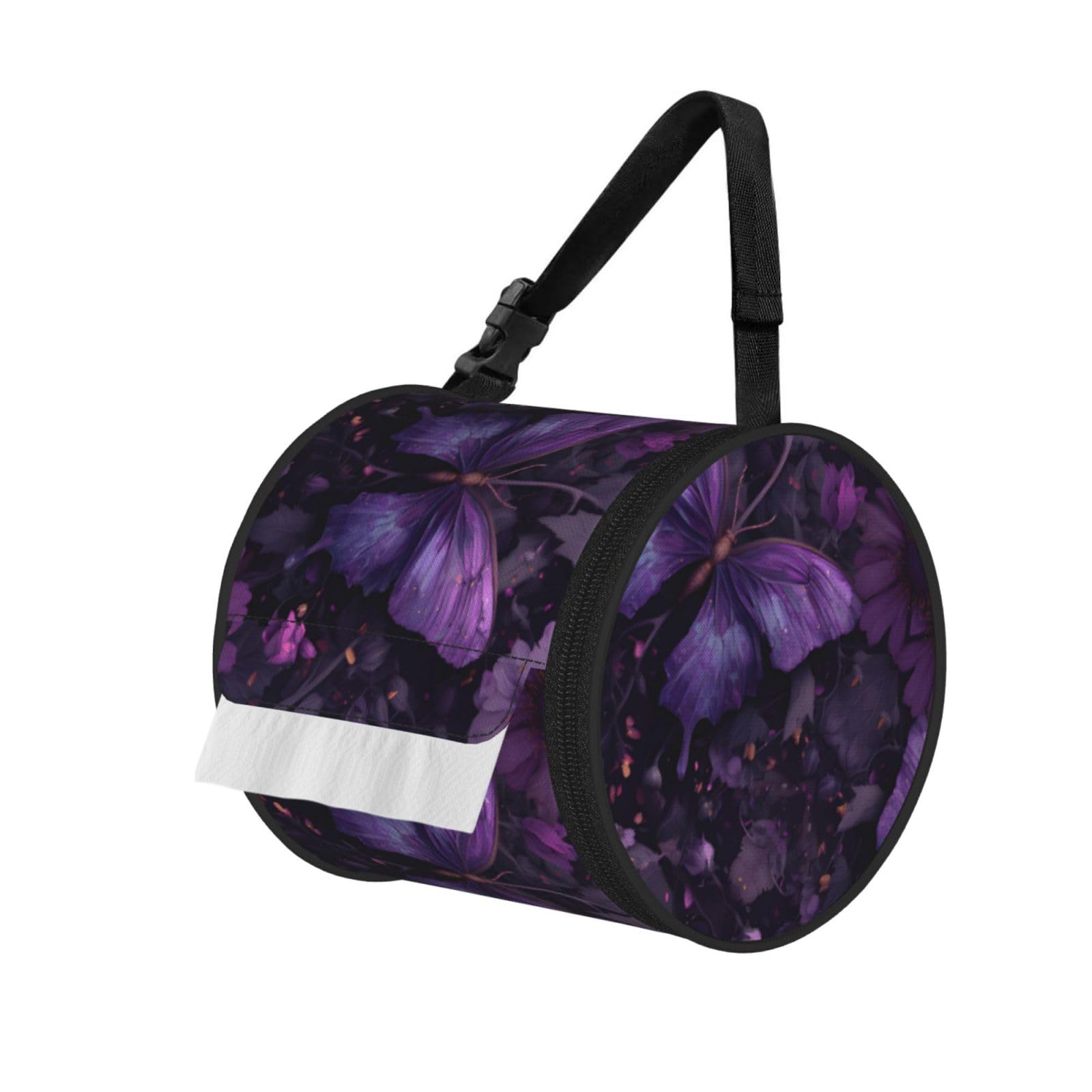 Butterfly Purple Printed Cylindrical Tissue Bag Portable Oxford Cloth, Foldable Travel Tissue Holder With Zipper And Adjustable Belt