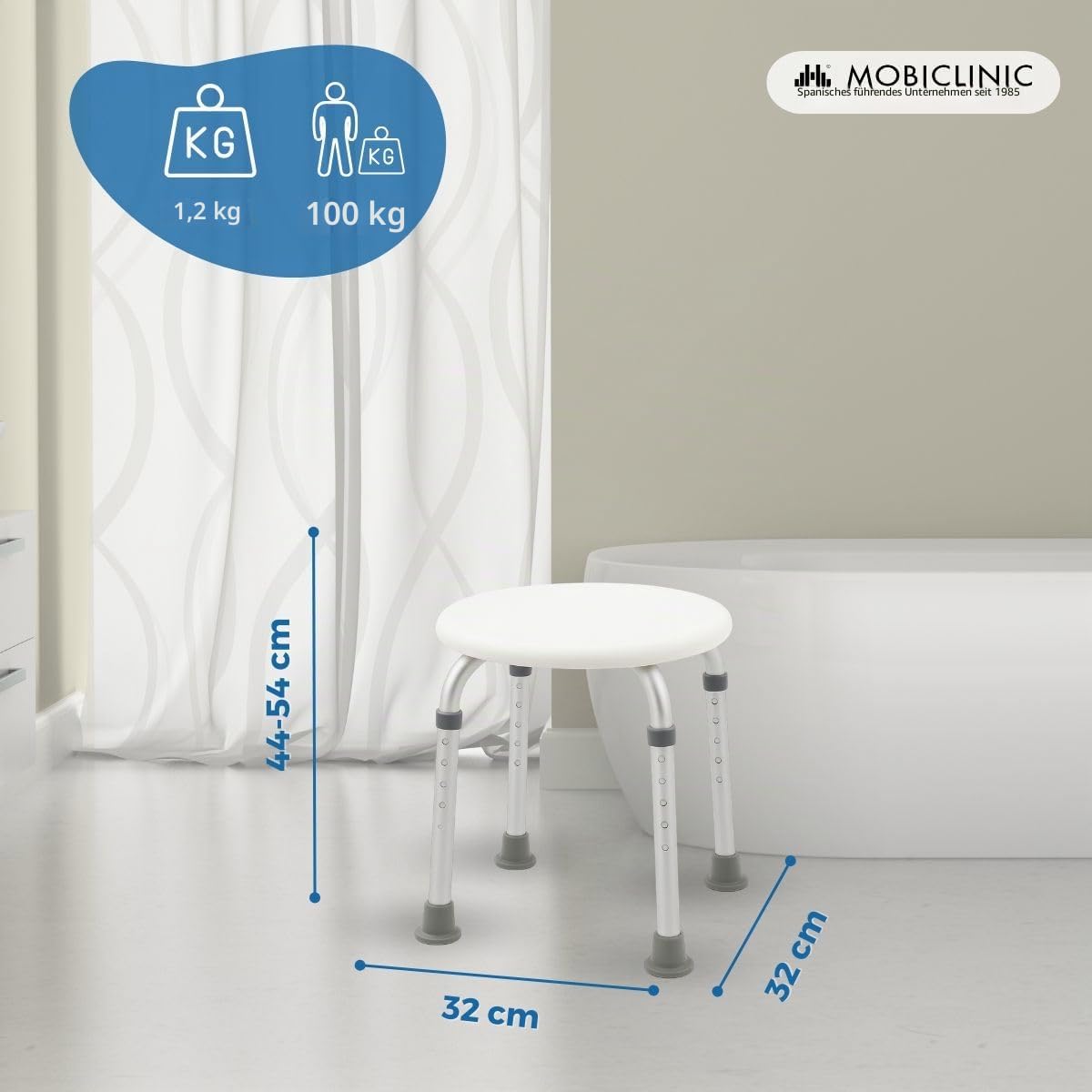 Mobiclinic®, Duschhocker, Höhenverstellbar, Duschstuhl für Senioren, rutschfeste Hülsen, Badestuhl für Menschen mit Eingeschränkter Mobilität, Bis 100 kg, Aluminium und PVC, Leicht, Stabil, Faro