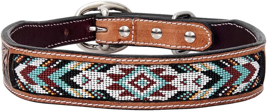 HILASON Tan Medium Strong Genuine Leather Dog Collar Beaded Medium| Collar| Handmade Soft Hand Tooled