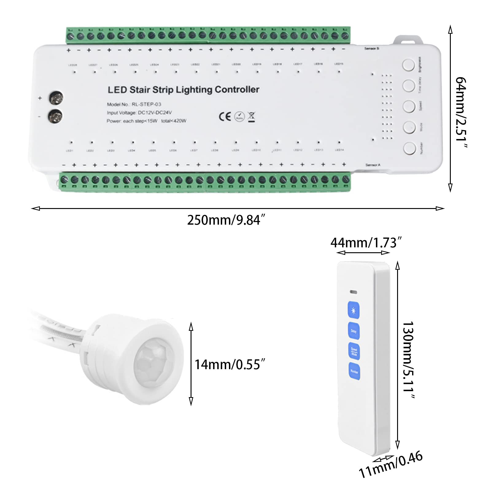 Controller per illuminazione a LED per scale con sensore di movimento, controllo della luce per scale con 28 gradini e telecomando