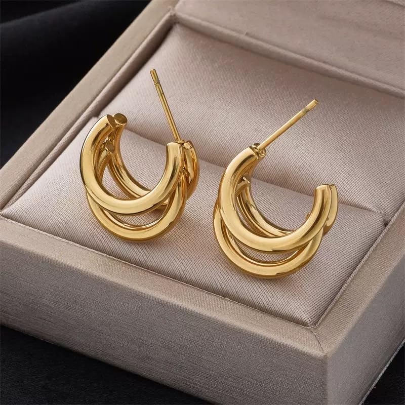 14k Gold Plated Hypoallergenic Chunky Hoop Earrings for Women - Thick Triple Hoops Huggie Dainty Jewelry Trendy Gifts - Image 6