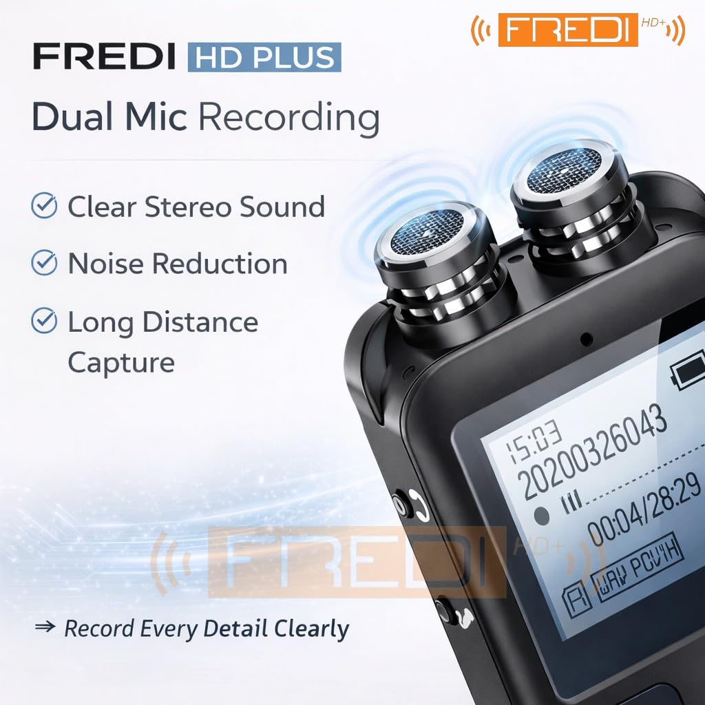 FREDI HD PLUS Voice Recorder 16GB Digital Audio Recorder with LCD Display, 512kbps Clear Recording, 69H Storage, MP3/WAV Playback, USB Portable Device for Lectures Meetings Interviews 3