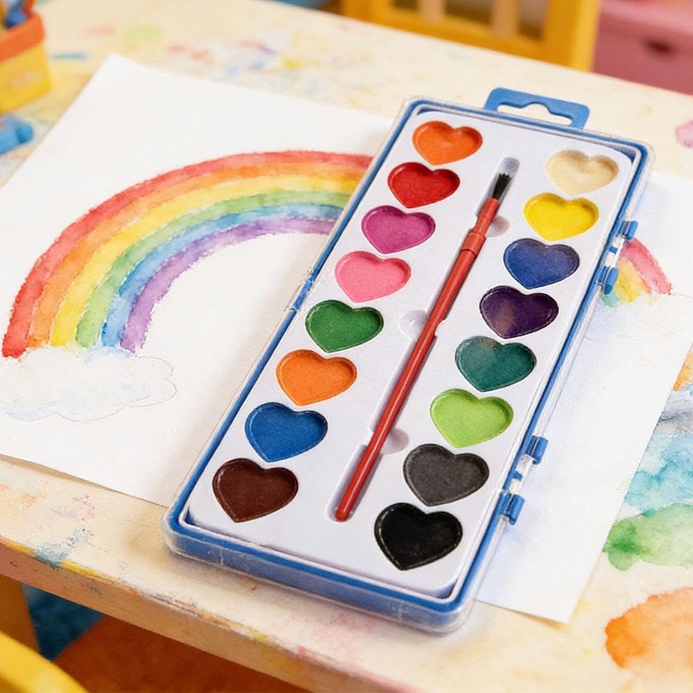 Heart Watercolor Paint Set – Washable Watercolor Paint with Brush, Vibrant Non-Toxic Colors in Heart-Shaped Palette, Perfect for Kids, Beginners, and Creative Art Projects (8 Colors)