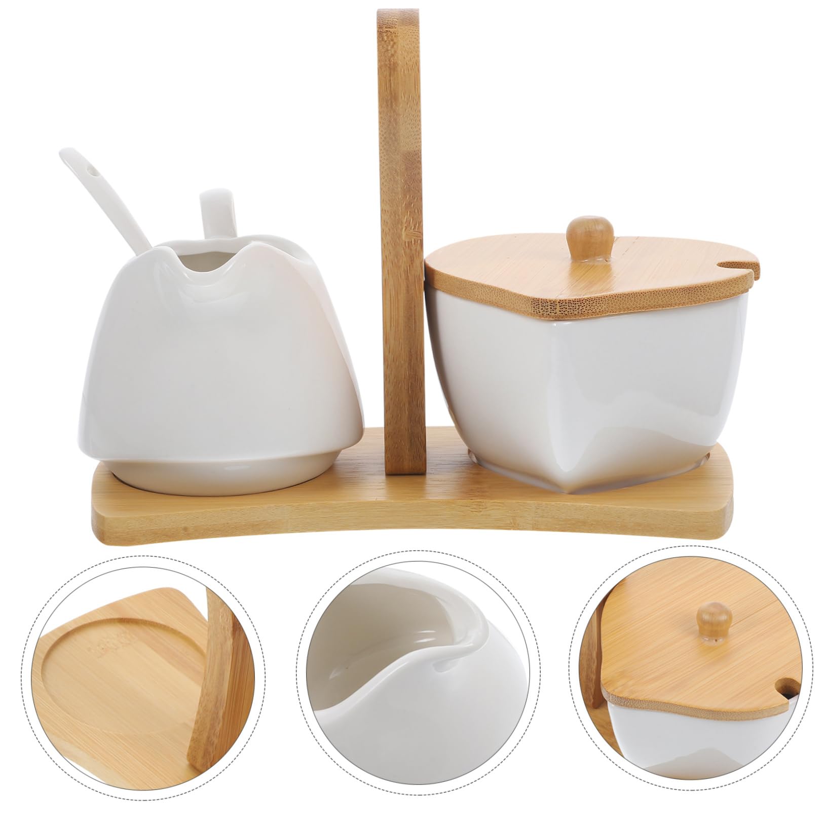 Mipcase Juego de Azucarero y Jarra de Crema con Mango de Bambú de Cerámica y Cuchara de Color Claro Set Diseño Simple y Funcional para Uso en Hogar y Hotel