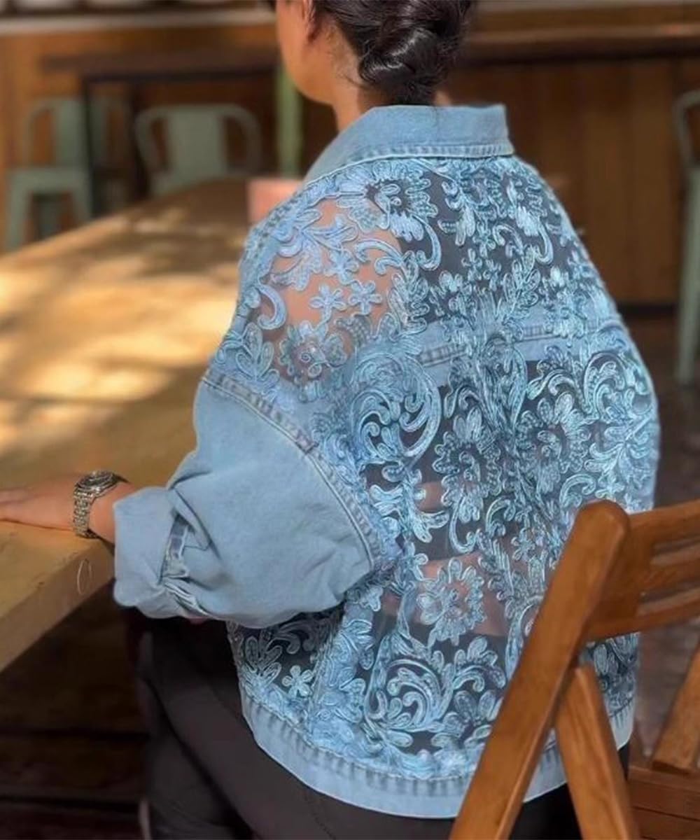 Women's Oversized Trendy Lightweight Denim Jacket Button Down Sheer Lace Patchwork Coat