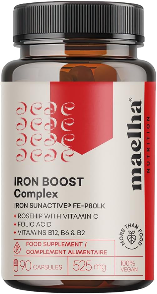 SunActive® Iron Dietary Supplement Fe-P80LK, Rosehip Complex with Vitamin C, Folic Acid, Vitamins B12, B6 and B2, 90 Capsules, 525 mg, 100% Vegan