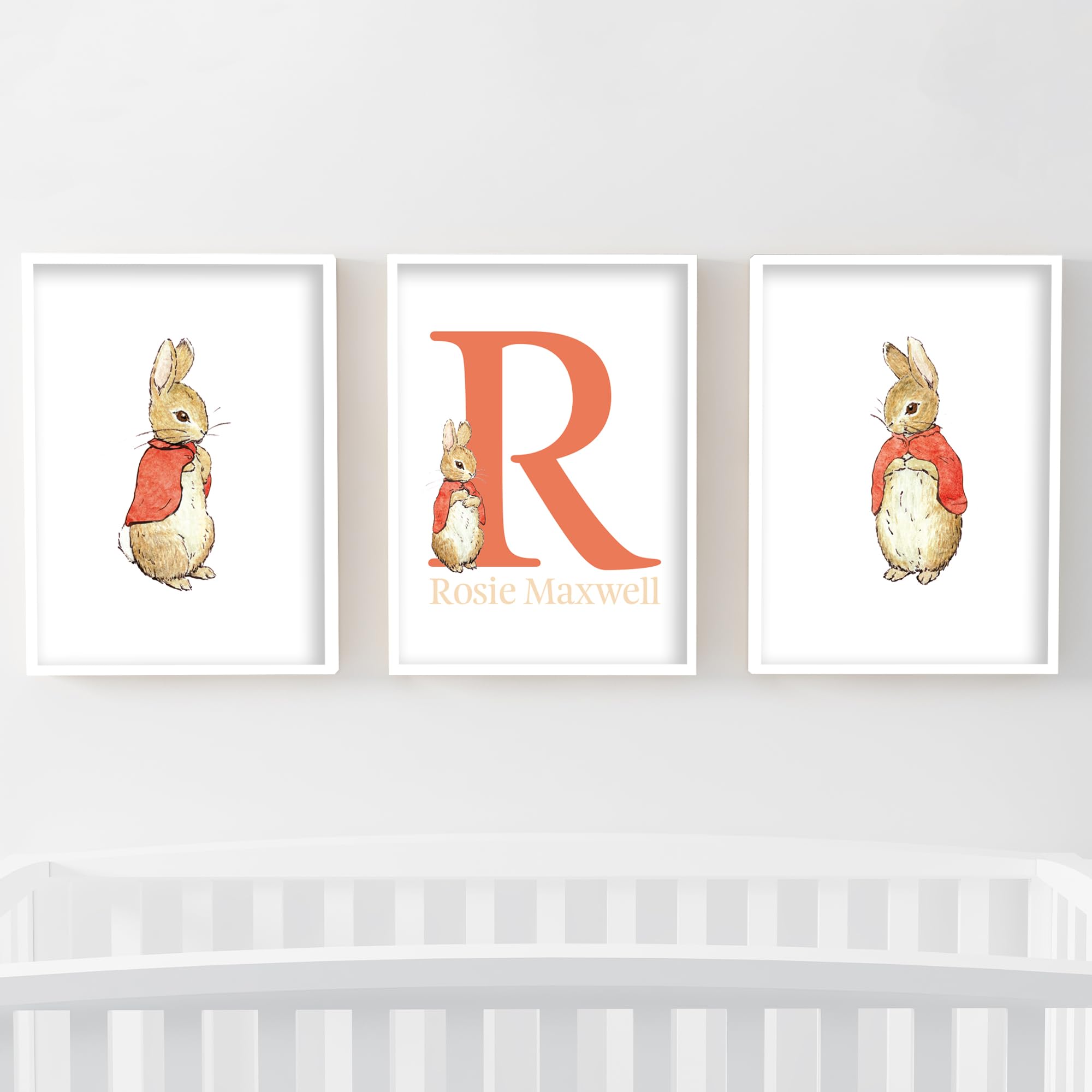 Themed Peter Rabbit Prints - Flopsy Mopsy and Cottontail Personalised Name and Letter Set of 3 Prints Nursery Wall Art (A3-29.7cm x 42cm each)