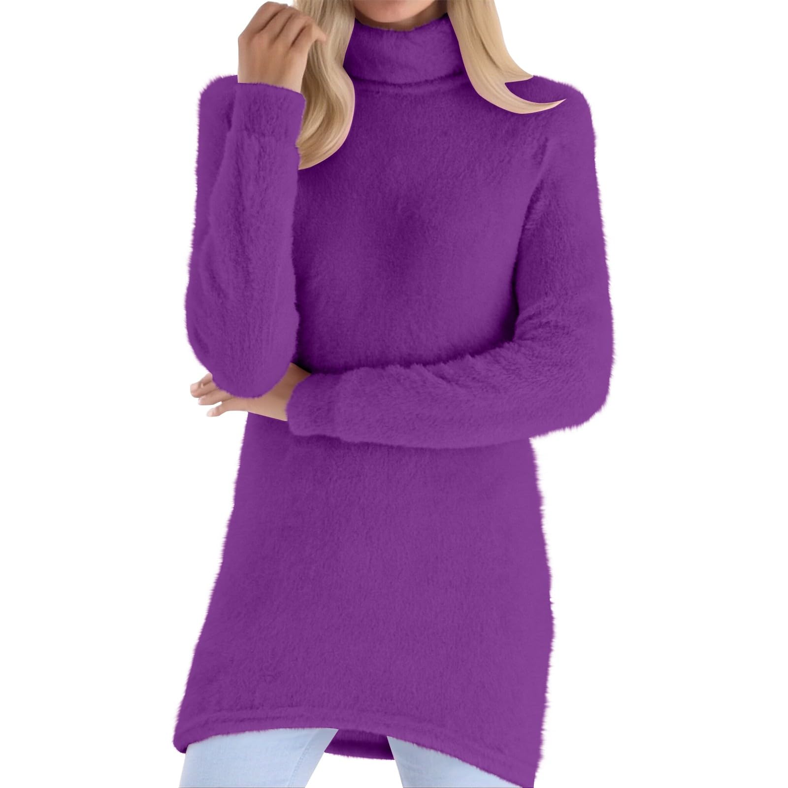 Turtleneck Tops for Women Loose Fluffy Fuzzy Sweater Casual Long Sleeve Solid Color Winter Warm Fleece Pullover