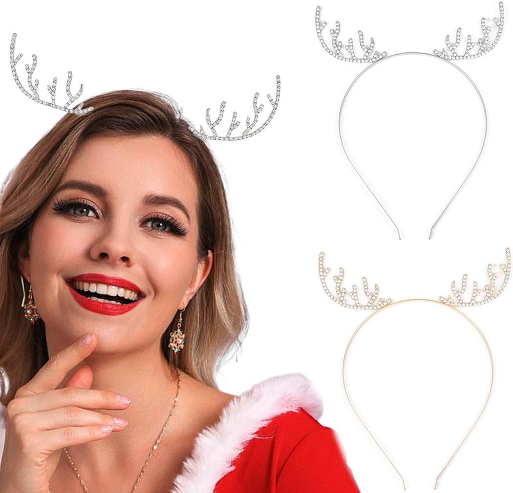 Runmi Christmas Headband Antlers Xmas Hairband Rhinestone Headbands Reindeer Tiara Headpiece