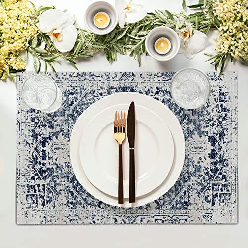 Image of Navy Blue Grey Ethnic Boho Placemats Set of 4 Bohemian Carpet Vintage Gray Linen Washable Kitchen Dining Table Mats Stain Heat-Resistant Desktop Decor Place Mats for Home Party Indoor 12x18 in
