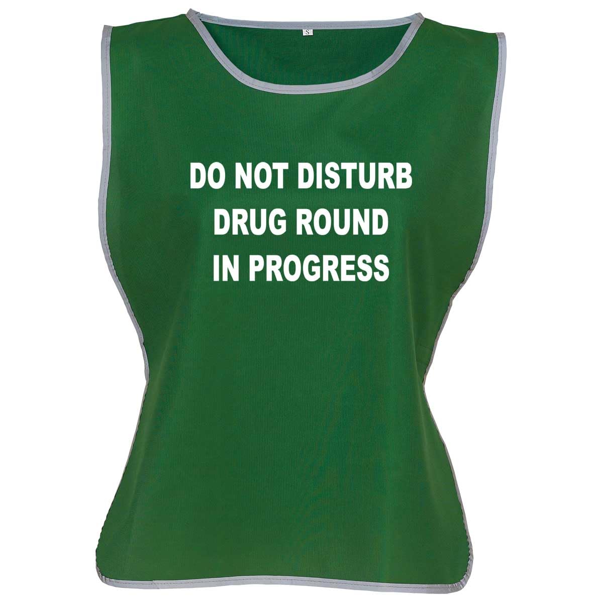 Workwear World 'Drug Round In Progress' Front/Back Printed Text Hi Vis Reflective Trimmed Border Medical Care Home Tabard (UK, Alpha, L, XL, Regular, Regular, Paramedic Green/White Print)