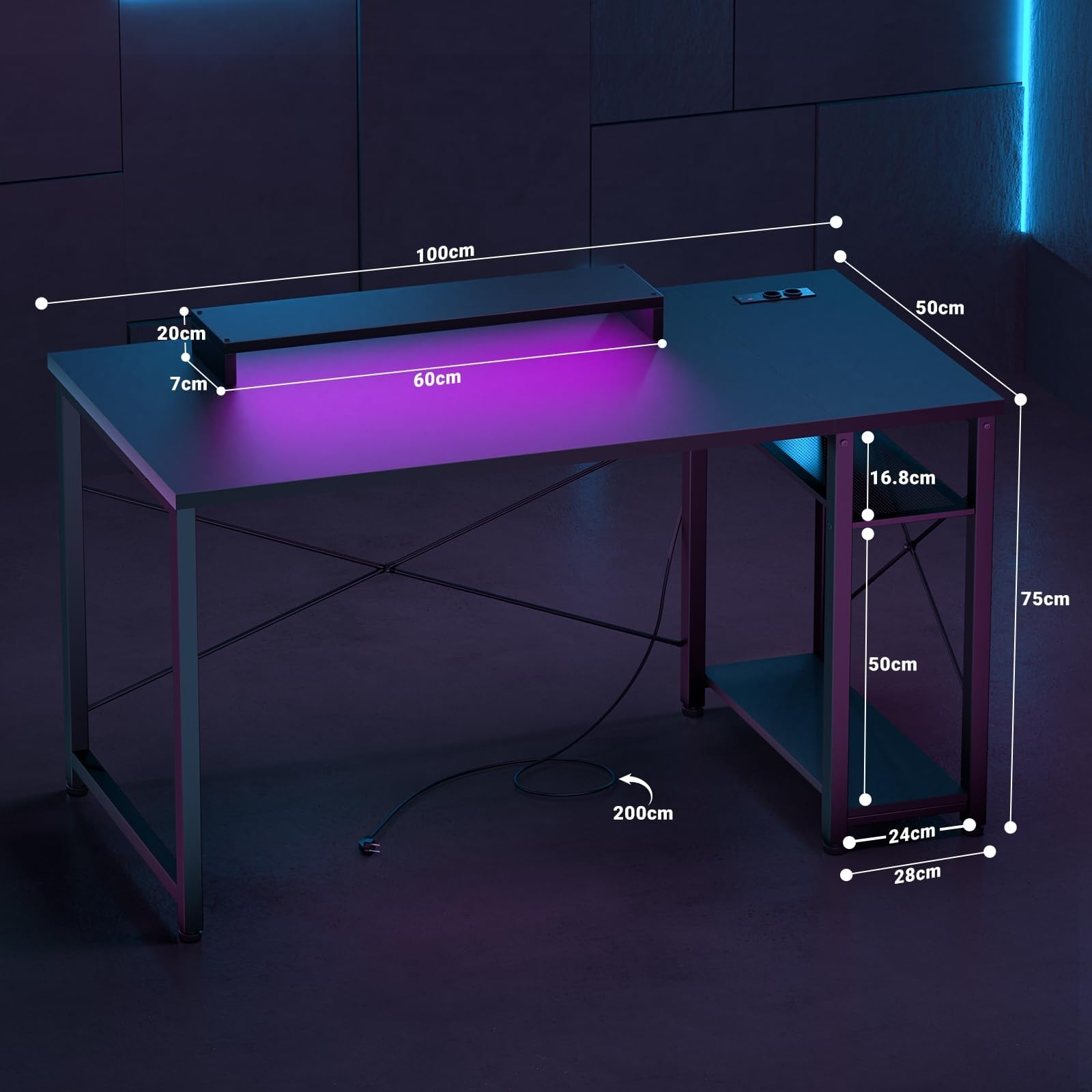 iSunirm Scrivania Gaming con Supporto per Monitor e Ripiano di Stoccaggio,Scrivania Computer con 2 Prese e 2 Porte USB,Scrivanie Moderne per Ufficio e Studio,100x50x75cm,Nero