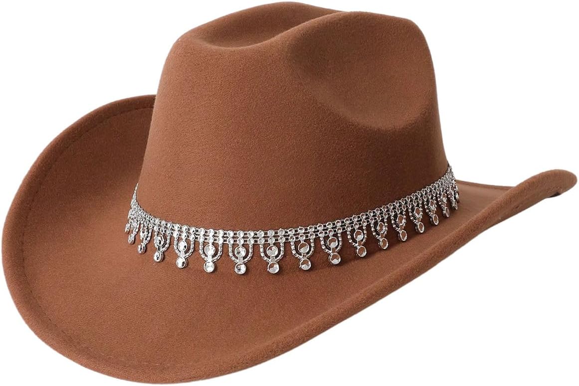 Women's Rhinestone Sequin Fedora Cowboy Hat Boho Western Wide Brim Cowgirl Hats