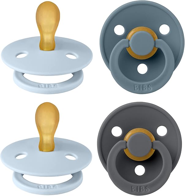 BIBS Colour Symmetrical Soother 4-Pack, BPA Free Dummy Pacifier, Symmetrical Nipple. Natural Rubber Latex, Made in Denmark. 0-6 Months (Pack of 4), Baby Blue Mix