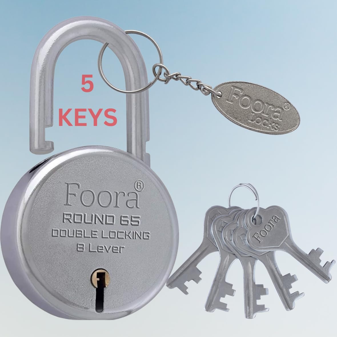 Foora Aligarh Lock for Door, Gate, Shutter with 5 Keys - Round 65mm Padlock, Double Locking Mechanism, 8 Lever, Silver Finish