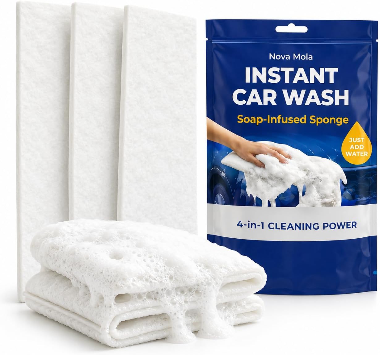 Car Wash Sponge with Soap – 3 Pack Soap-Infused Car Wash Sponges, Just Add Water, Disposable Single-Use Car Wash Mitt for Cars, SUVs & Motorcycles, Exterior Cleaning