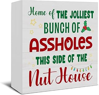 Funny Christmas Wooden Box Sign, Christmas Desk Decorations, Holiday Holly Leaf This Side of the Nuthouse Xmas Wood Signs for Home Living Room Desk Table Shelf Decor, 5x5 Inch