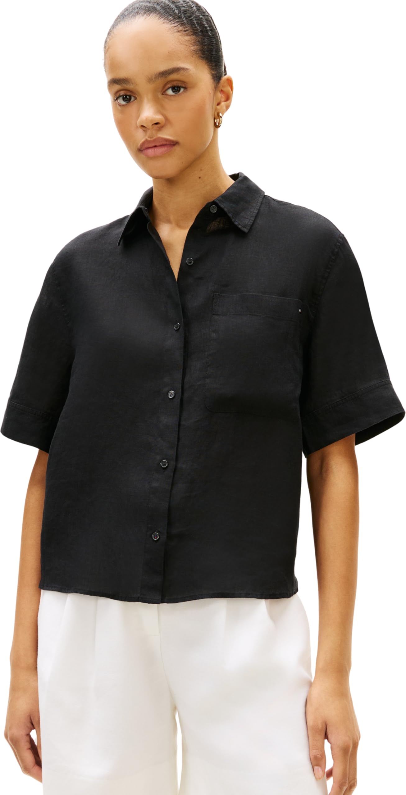 Tommy Hilfiger Damska koszula Ess Linen Ss WW0WW48925, czarna, XS