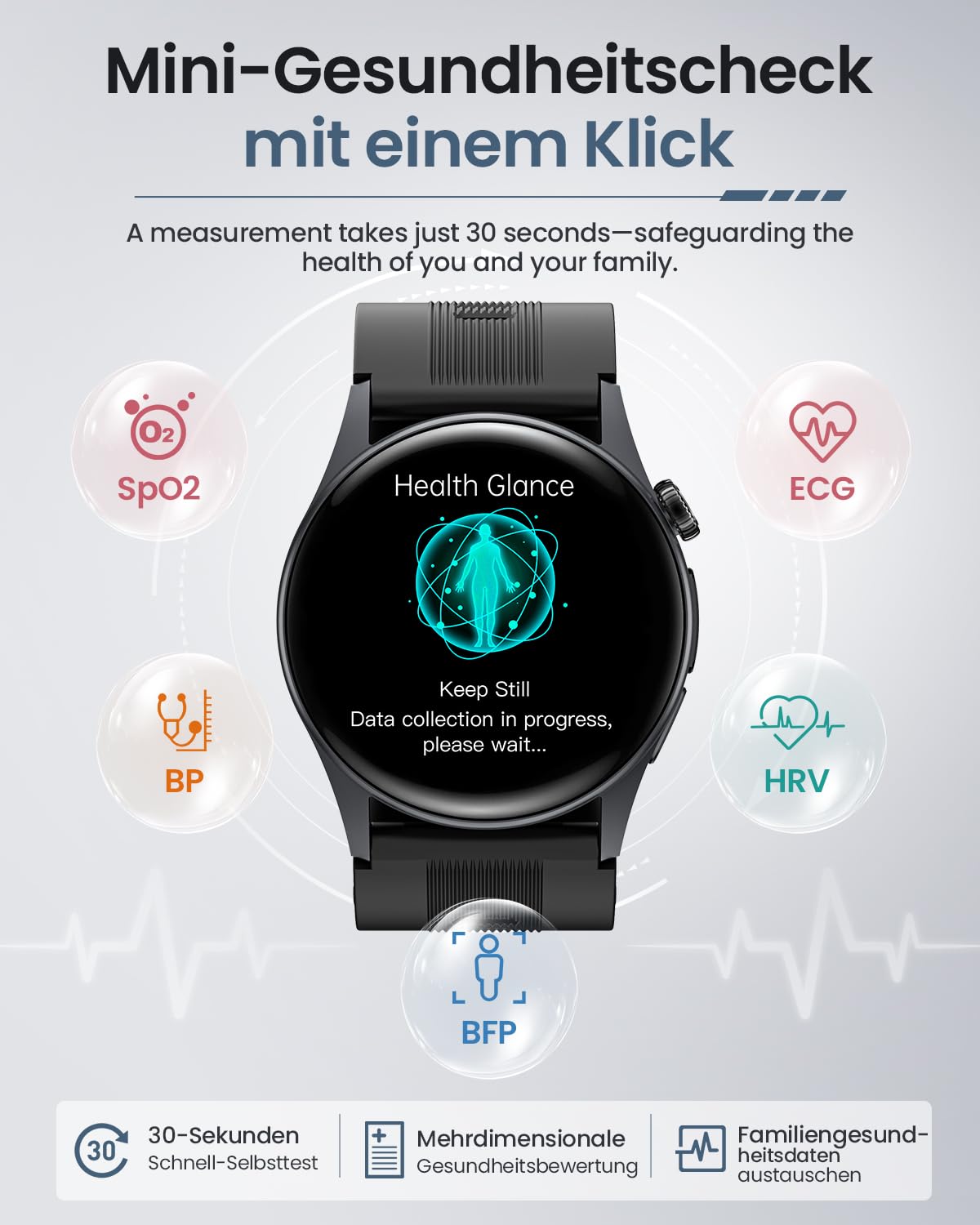 Smartwatch Herren mit Luftpumpe & Blutdruckmessung, EKG, HRV, Schwarz