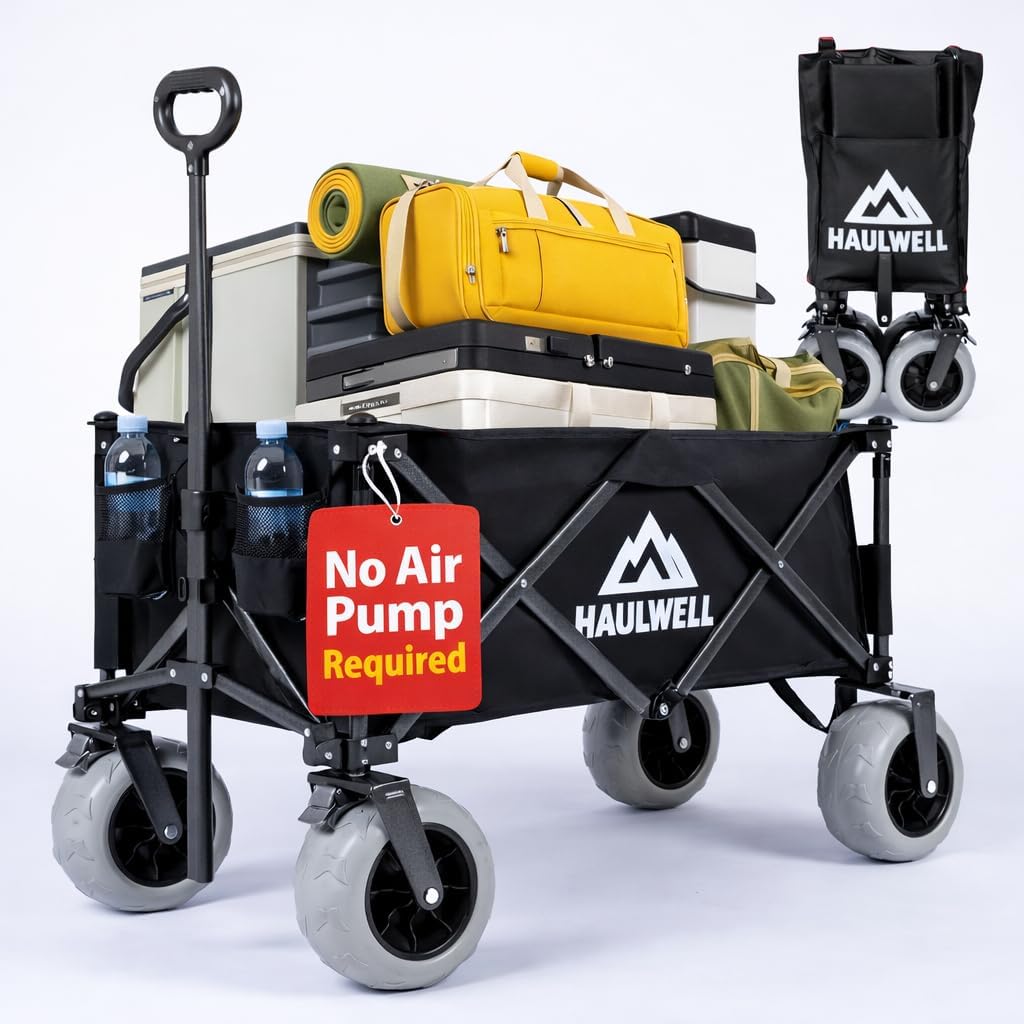 Beach Wagon for Sand with Big Wheels | All Terrain Folding Utility Cart | Collapsible Heavy Duty Wagon Cart for Kids, Beach and Camping | Haulwell (Black)