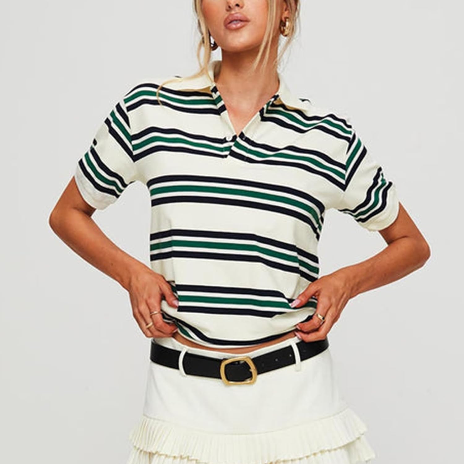 Women's Summer Polo Shirts Casual Striped Print Lapel Collar Short Sleeve Tops Streetwear Aesthetic Clothes - Image 2