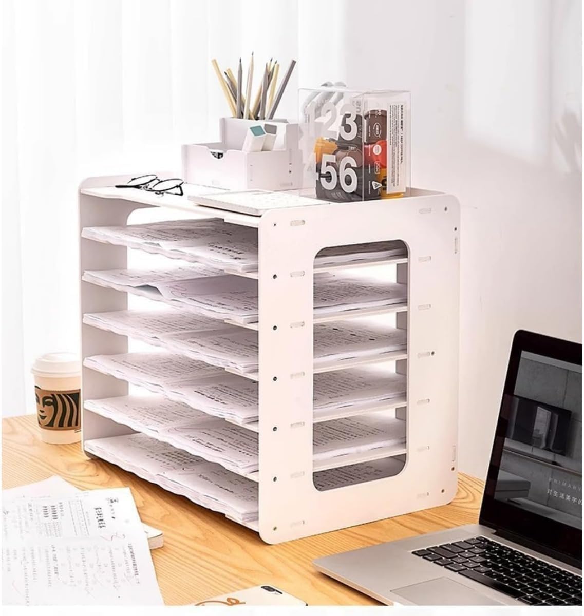 大容量多層ファイルラック A3/A4 書類整理 棚 オフィス収納 トレイ 卓上用 組立式 事務用 資料ラック ホワイト (7階,ホワ