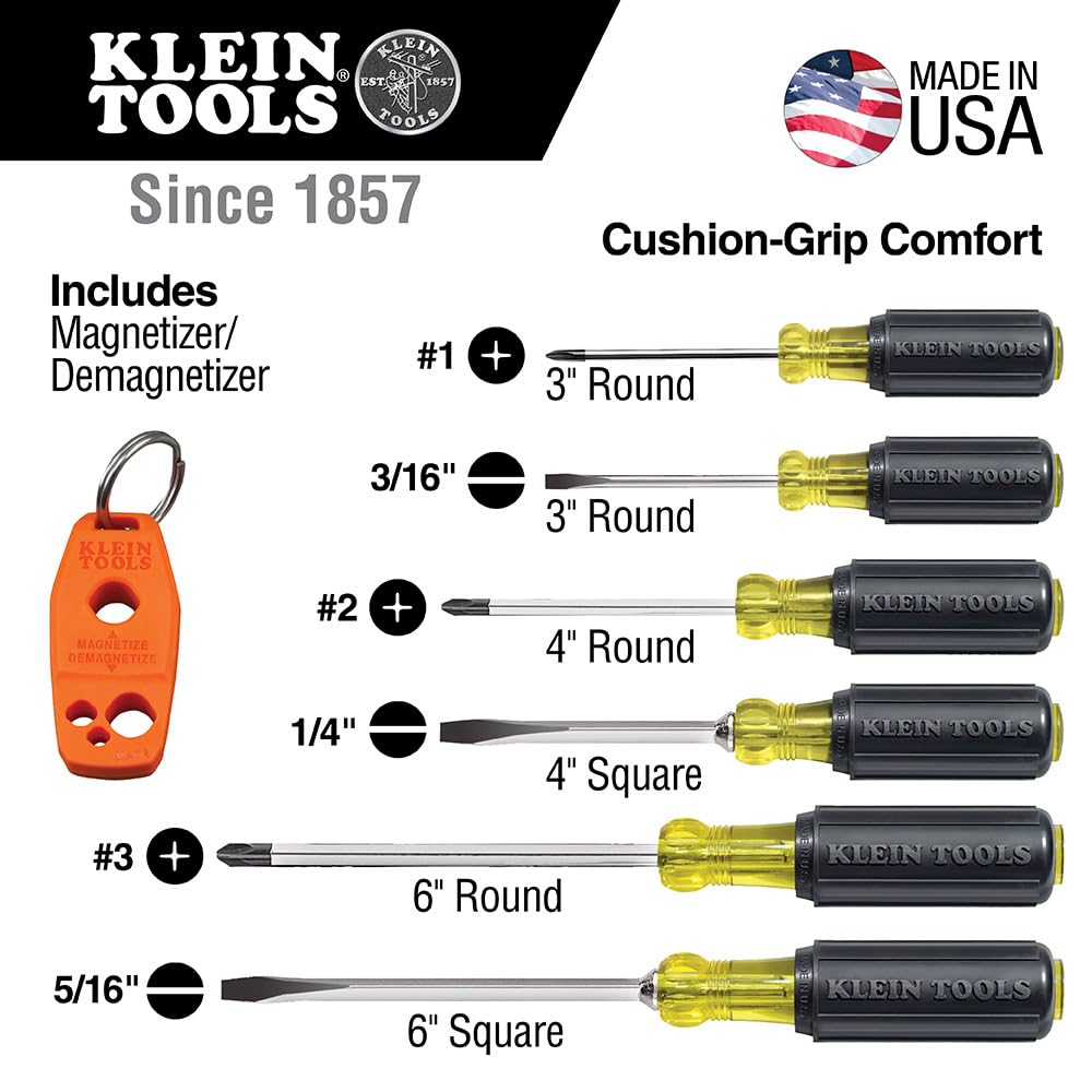 Set di 6 cacciaviti inclusi magnetizzatore/smagnetizzatore, 3 scanalature, 3 Phillips, Cushion Grip Comfort, utensili Klein lavorati con precisione 85146