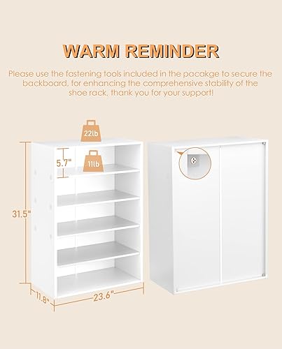 Miniatura 3 de HAIOOU Zapatero blanco de 5 niveles, 24 pulgadas, apilable, de madera, para zapatos, soporte de almacenamiento de zapatos con un estante