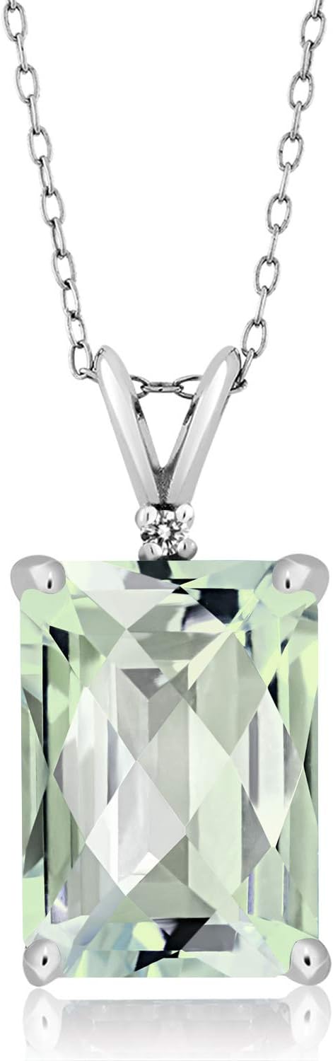 Gem Stone King 5-10 Cttw Gemstone Birthstone and Round Accent White Diamond Necklace | 14X10MM Emerald Cut | 925 Sterling Silver | Pendant Necklace for Women | With 18 Inch Silver Chain