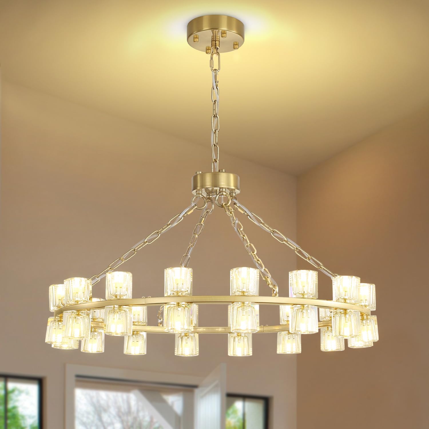 D32 Gold Wagon Wheel Chandeliers 32-Lights Modern Round Chandelier Crystal Chandeliers for Dining Room,Living Room Vintage Chandelier for Foyer Hallway