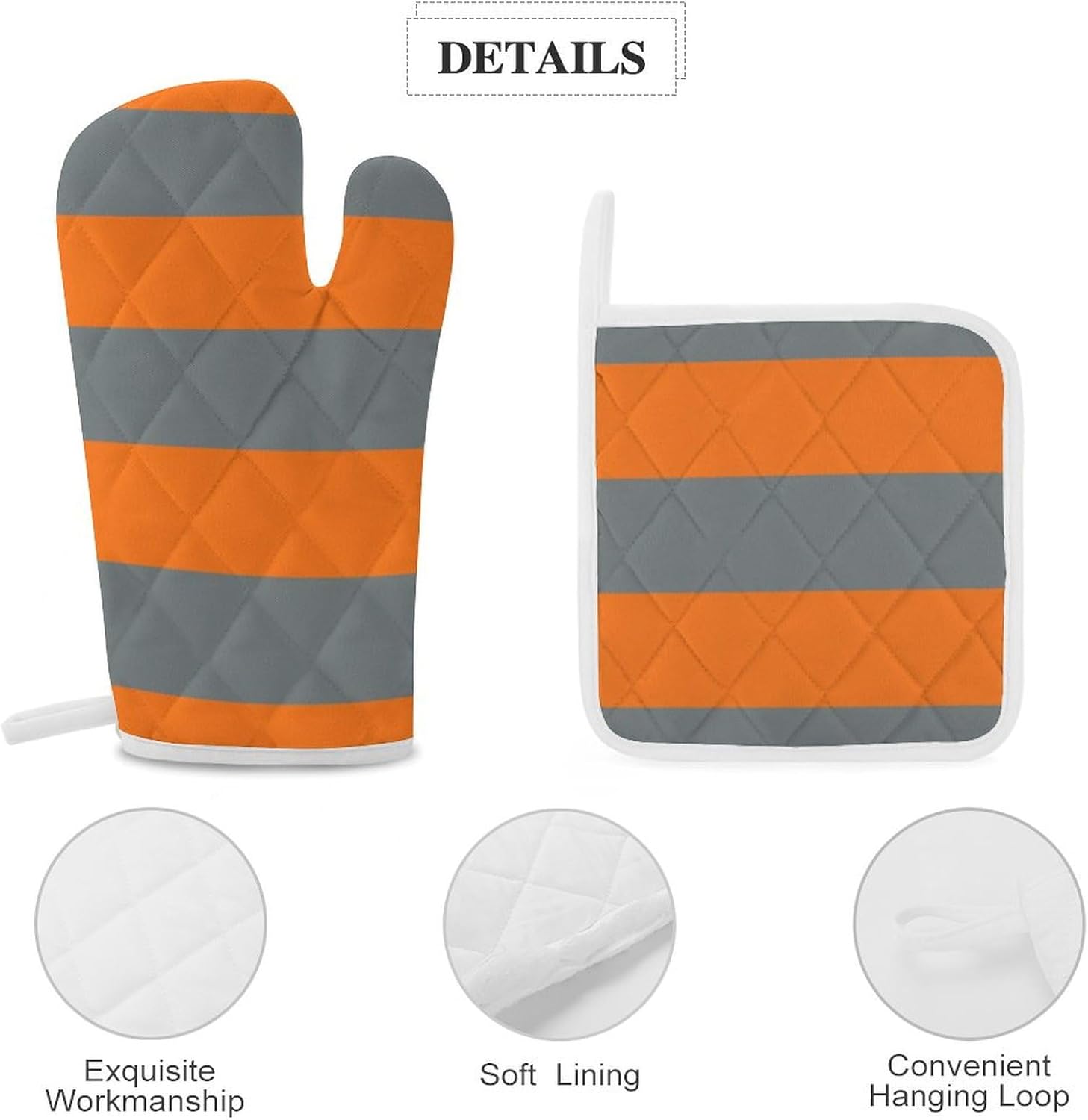 4PCS Oven Mitts and Pot Holders Sets, Charcoal Gray Orange Stripe Oven Mitts Set Heat Resistant Kitchen Microwave Gloves Safe for Baking,Cooking, BBQ