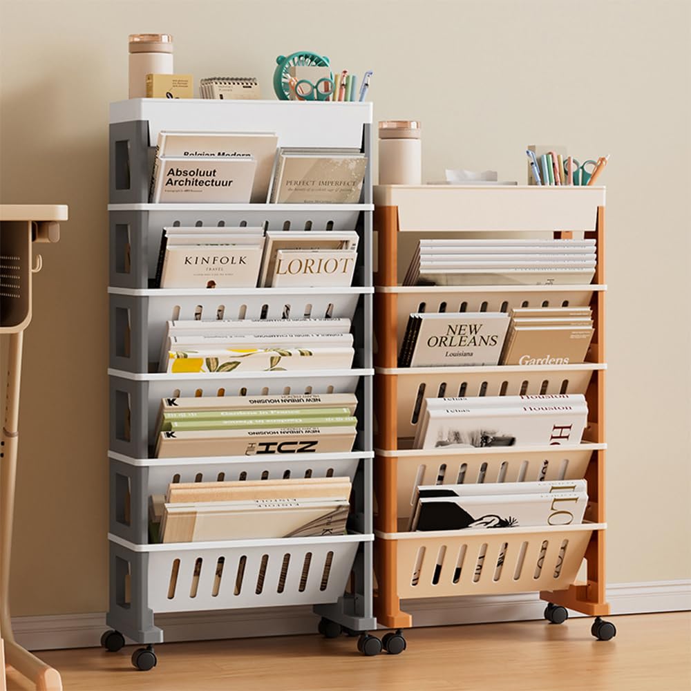 NUODWELL Mobiles Bücherregal mit Rollen, abnehmbarer Kunststoff-Aufbewahrungs-Organizer, Kinder-Bücherregal, großes Fassungsvermögen, Zeitschriftenständer, Buchwagen, Rollwagen für Büro, Wohnheim,