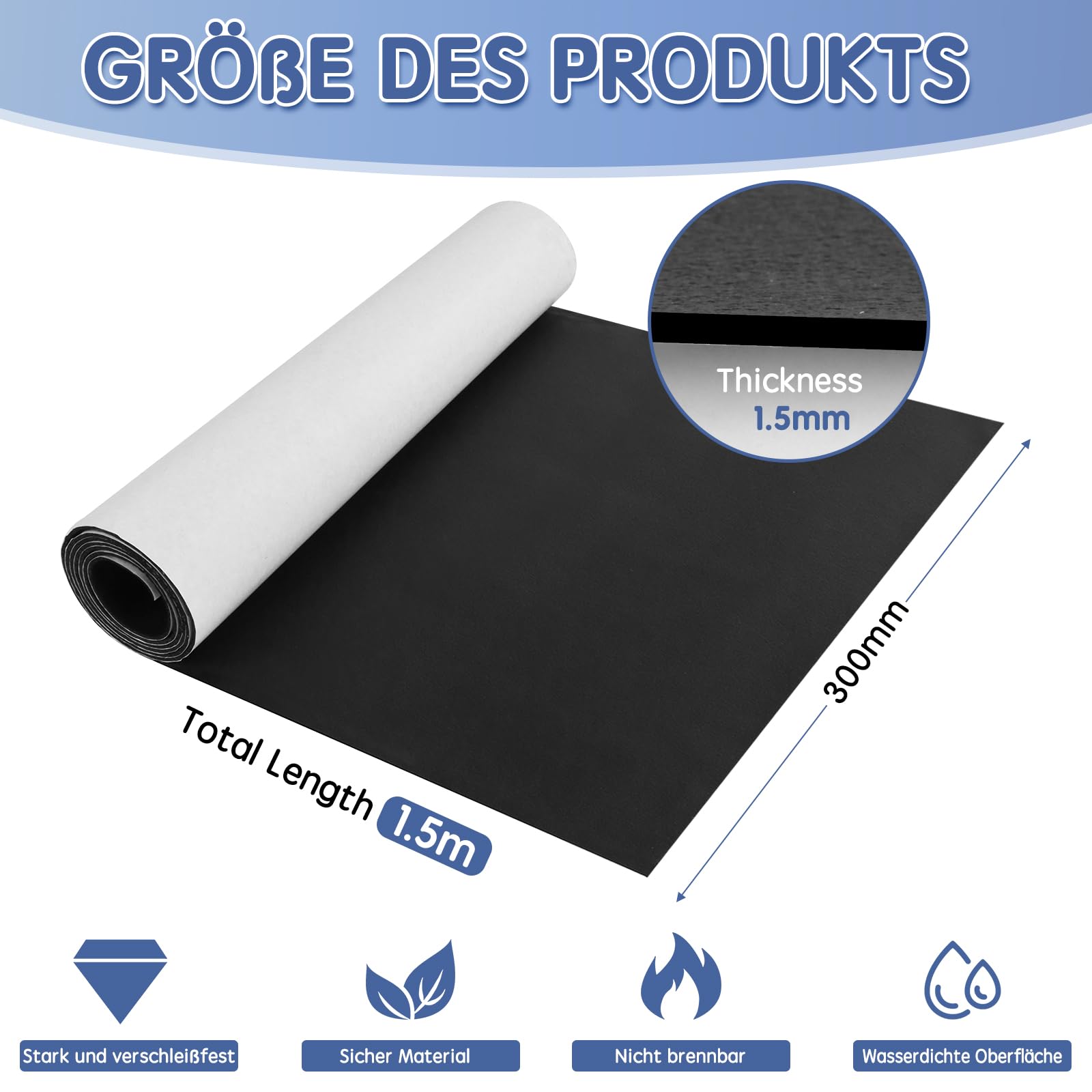 Rouleau de mousse autocollante anti vibration isolation phonique 300mm×1,5mm×1,5m Noir