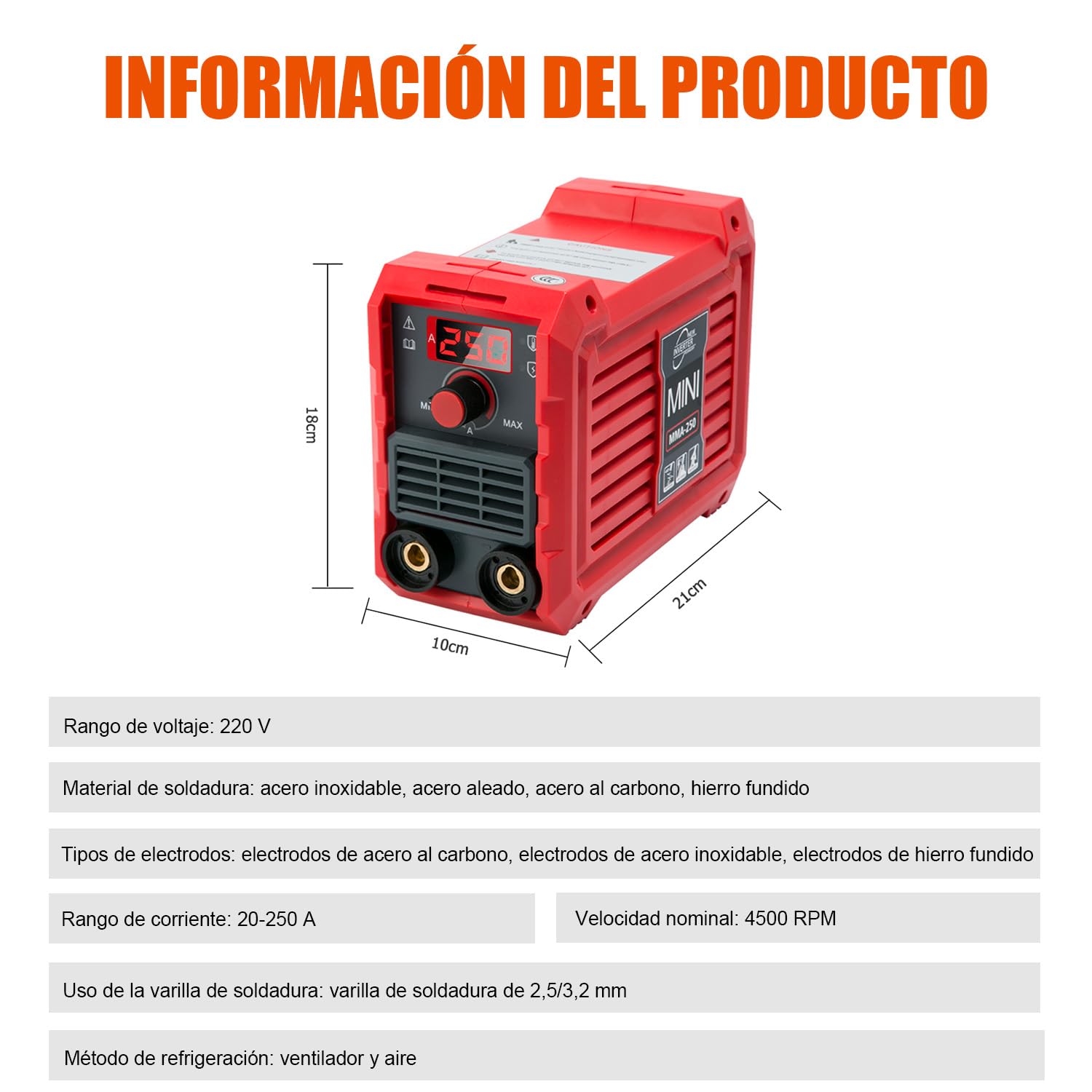 VOBOR Mini Soldador Inverter, 250A Maquina de Soldar Electrodo con Tecnología IGBT, Pantalla LED, Anti-Stick, Portátil Soldadora Electrodo, MMA 250