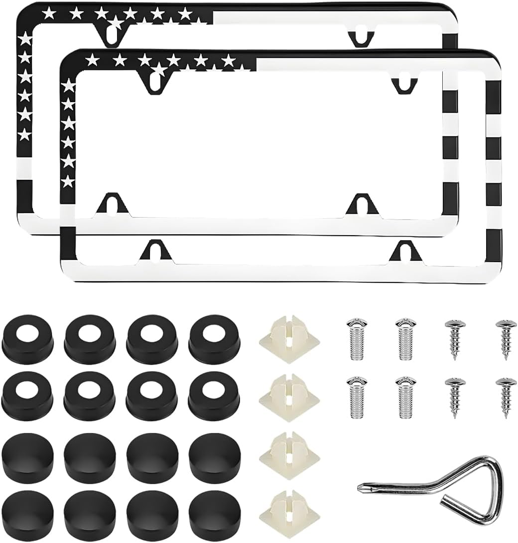 Wevdn 2 PCS American Flag License Plate Frames, Front Rear Patriotic USA Car Plate Frame, Aluminum License Plate Holder with Free Screws Fasteners Caps and Tool, Universal Car Accessory (White)
