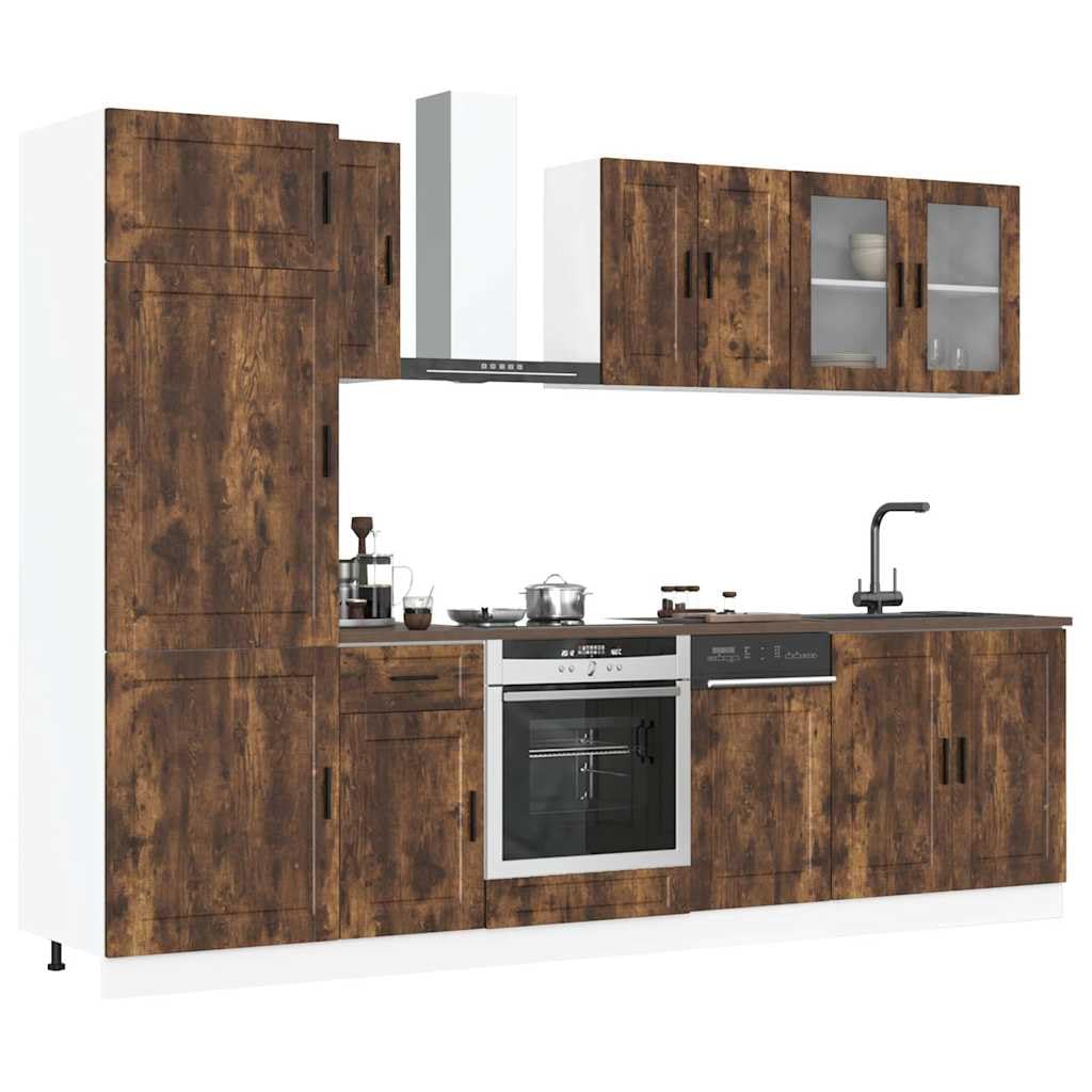 8-TLG. Küchenschrank-Set Porto Räuchereiche - Moderne Küchenzeile aus Holzwerkstoff mit Glas-Hängeschrank, Spülschrank, Backofenschrank und Hochschrank für viel Stauraum