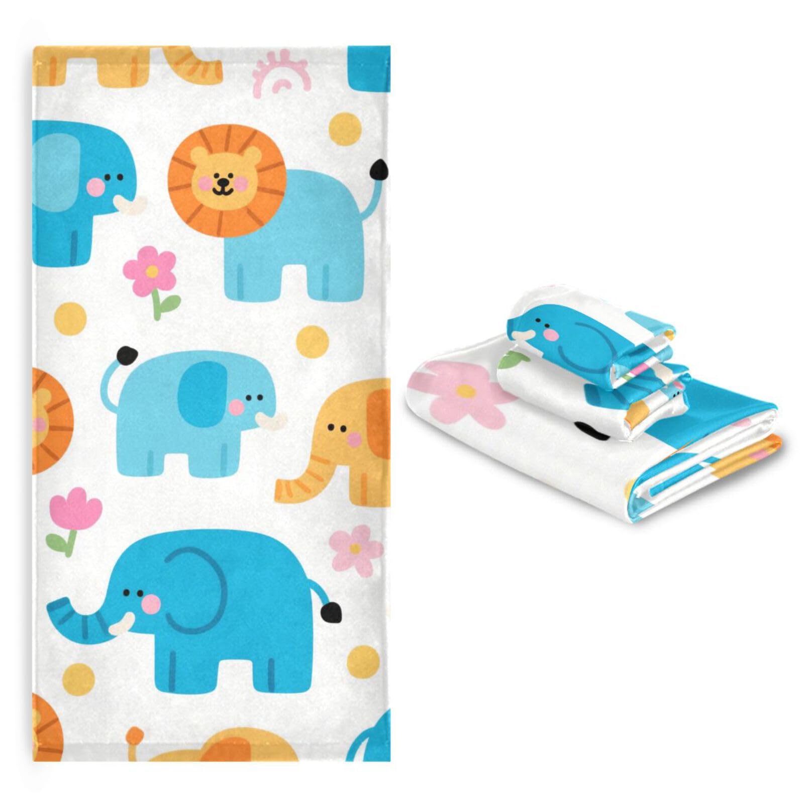 Set di 3 asciugamani decorativi per il viso con elefante e leone in stile cartone animato, 1 asciugamano da bagno, 1 asciugamano per le mani, 1 panno per cucina, bagno, yoga, palestra
