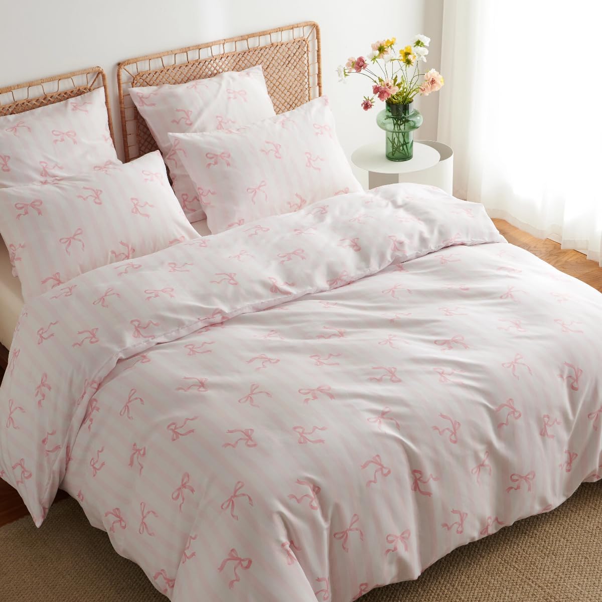 Pink Comforter Set Twin Size 2 Pieces,Pink Bows Striped Pattern Bedding Comforter Set Bed Set for Girls,Neutral Farmhouse Comforter Twin and 1 Pillowcase