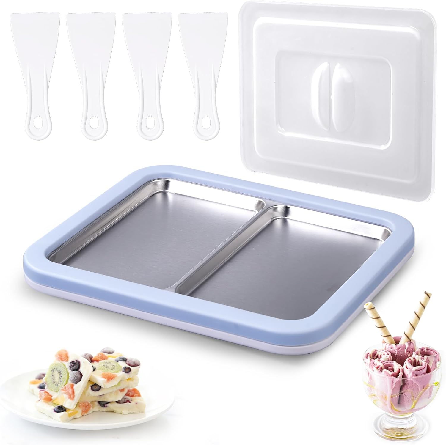 Rolled Ice Cream Maker, Dual Trays Instant Ice Cream Maker, Food-Grade Homemade Frozen Yogurt Maker for Kids & Family, DIY Ice Roll Machine with 4 Spatulas, Dustproof Design (Light Blue)