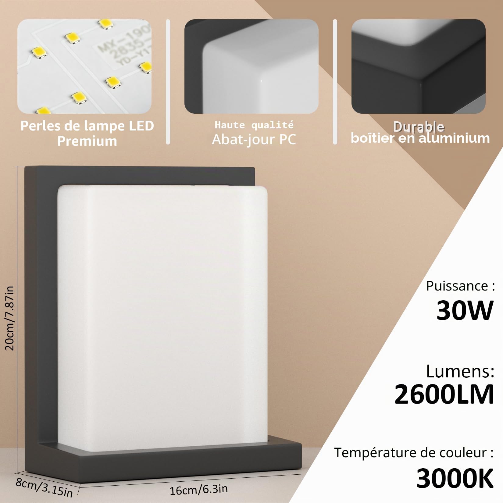 Klighten LED Applique extérieur 3000K, IP65 applique murale Noir