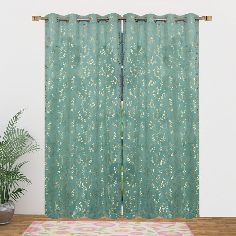Image of Heavy Velvet Fabric Luxury Looks Room Darkening Floral Designer Curtains 5 Feet for Window, Aqua Island, Pack of 2 Pieces