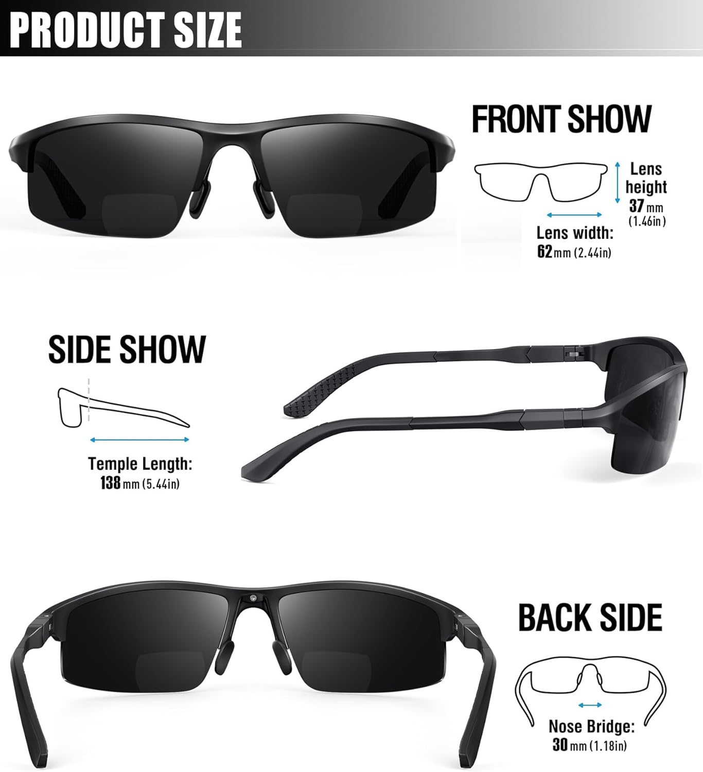 SKYOAK Sports Bifocal Reading Sunglasses Men Wrap Around UV 400 Protection Aluminum Frame Glasses Spring Hinge Semi Rimless Sun Readers Built In Driving/Running/Fishing Black, 2.5 - Image 6