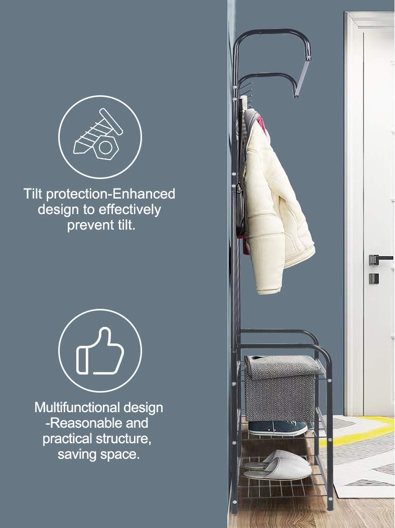 LENTIA Entryway Coat Rack Hall Tree Shoe Bench 3 in 1 Design Metal Storage Rack with Bag Coat Hat Umbrella Shoe Rack Fits Your Hallway entryway Bedroom and Dressing Room Easy Assembly