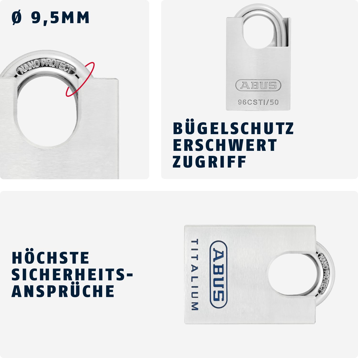ABUS Titalium kłódka 96CSTI/50 – lekki korpus zamka z masywnego specjalnego aluminium – ze zintegrowaną ochroną pałąka – poziom bezpieczeństwa ABUS 8 – srebrna