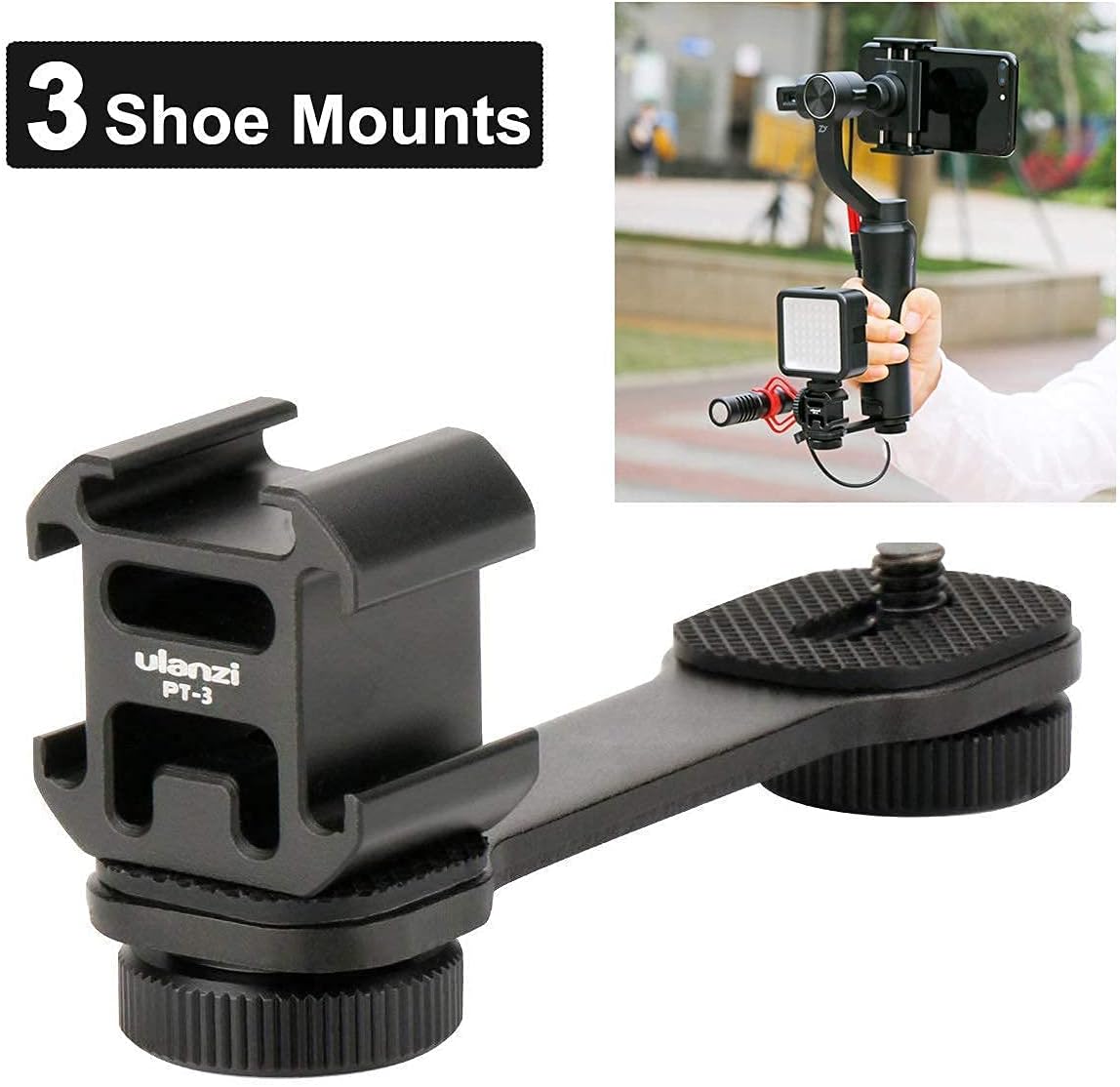 Ulanzi PT-3 Triple Cold Shoe Gimbal + ULANZI Cute LITE Waterproof Light image 2